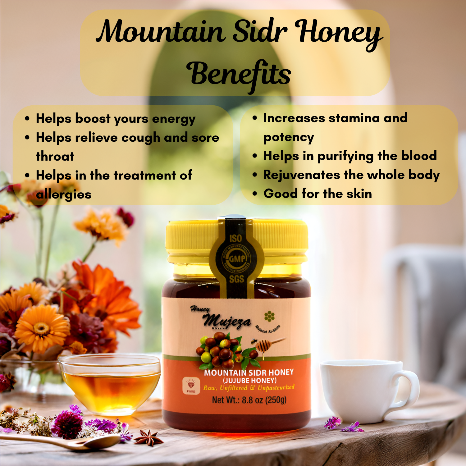 Authentic Mountain Sidr Honey – Jujube Honey, Supports Mental Health, Memory and Cognition, 100% Natural, Raw Liquid Honey, Gluten Free (250g/ 8.8 oz)