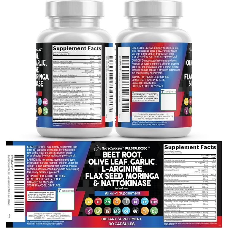 Clean Nutraceuticals Beet Root Capsules Olive Leaf Nattokinase Garlic  Extract L-Arginine Omega 3 Red Yeast Rice Hibiscus Danshen - Healthy  Support Supplement - 90 Ct - Walmart.com