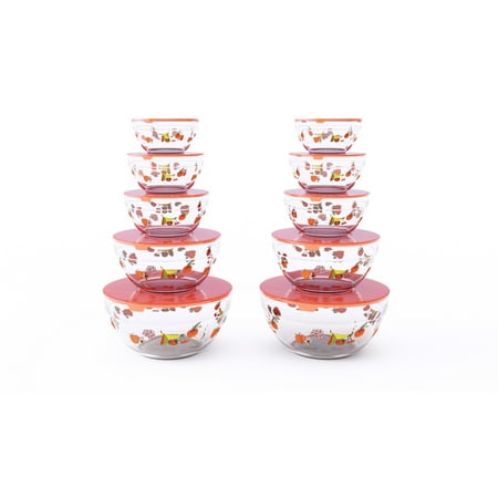 Fruit Design (Glass Food Storage Containers with Lids- 20 Piece Set with Multiple Bowl Sizes By Chef Buddy (Fruit)
