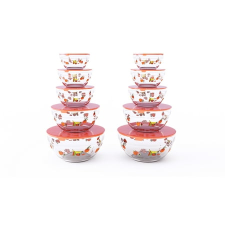 Glass Food Storage Containers with Lids- 20 Pieces Set with Multiple Bowl Sizes By Chef Buddy (Fruit Design)