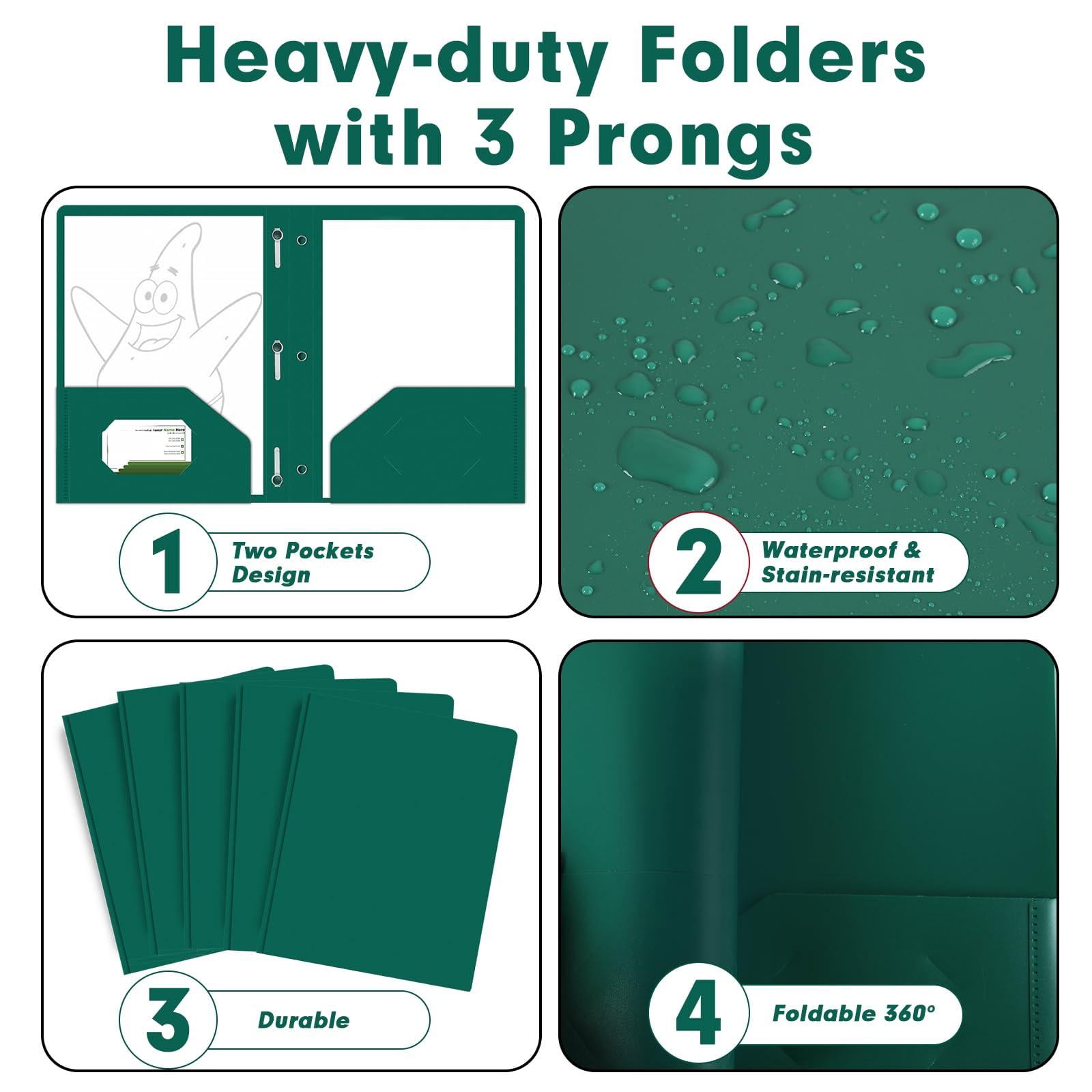 Plastic 2 Pocket Folders With Prongs  30 Pack Heavyweight Letter Size Poly 3 Metal Fastener Clips (green)