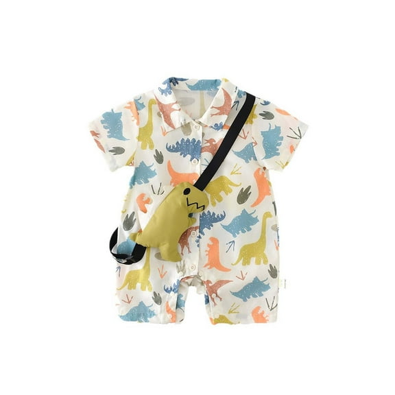 LIIPEE Boys Onesie Summer Cute Short Sleeve Cartoon Animal Printed Turndown Collar Button Down Romper Baby Versatile Outdoor One-Pieces,Light Green,3-6 Months