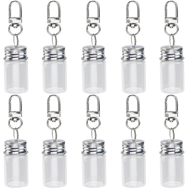 1 caja de 10 minibotellas de vidrio con llavero, llaveros con mensaje en botella, frascos de viales vacíos de aleación a granel con cierres de hierro platino y llaveros de corcho.