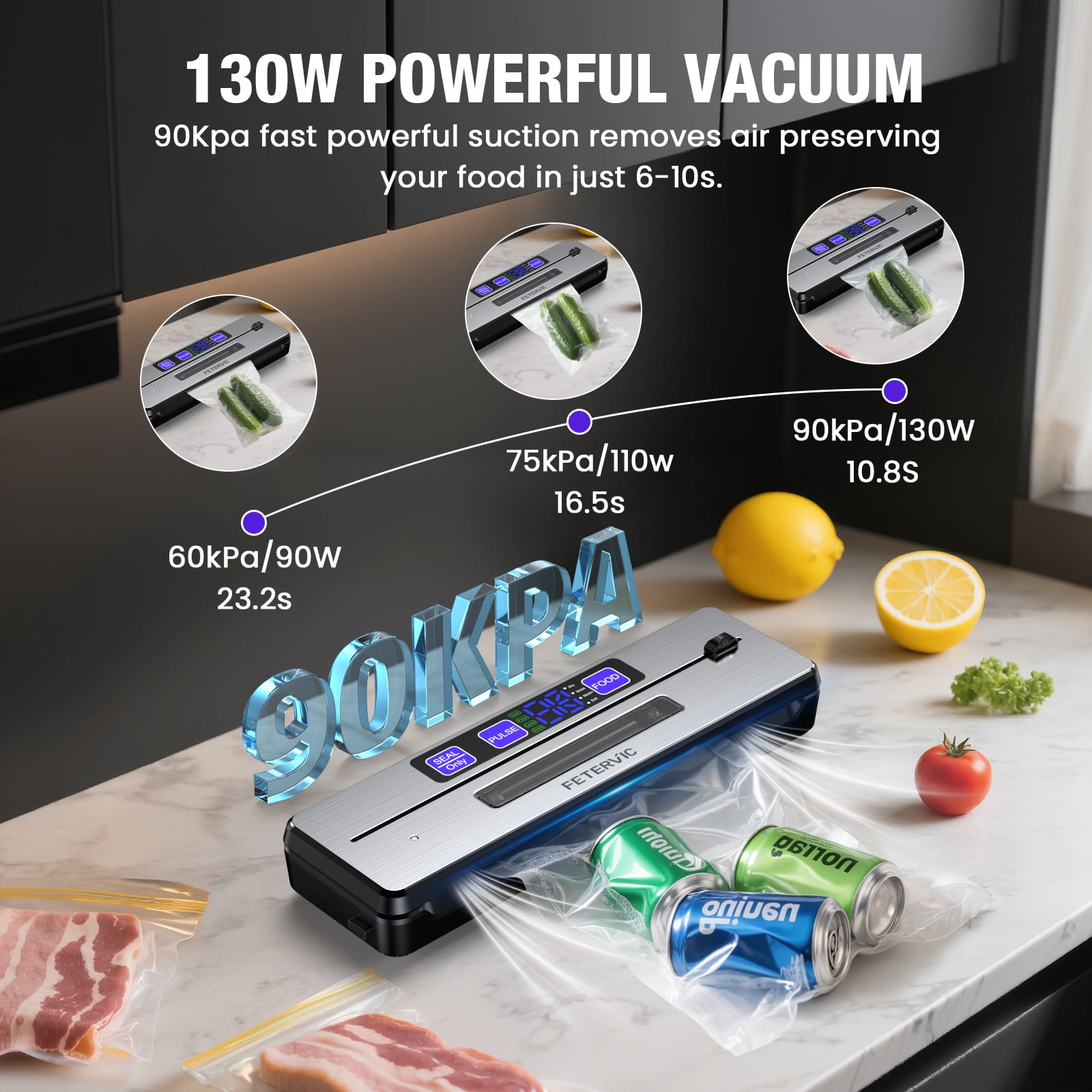 FETERVIC 8 in 1 Vacuum Sealer Machine, 90KPA 130W Sealer with Built-in Cutter, LED Display, 6 Sealing Modes, 20Pcs Seal Bags for Home Storage