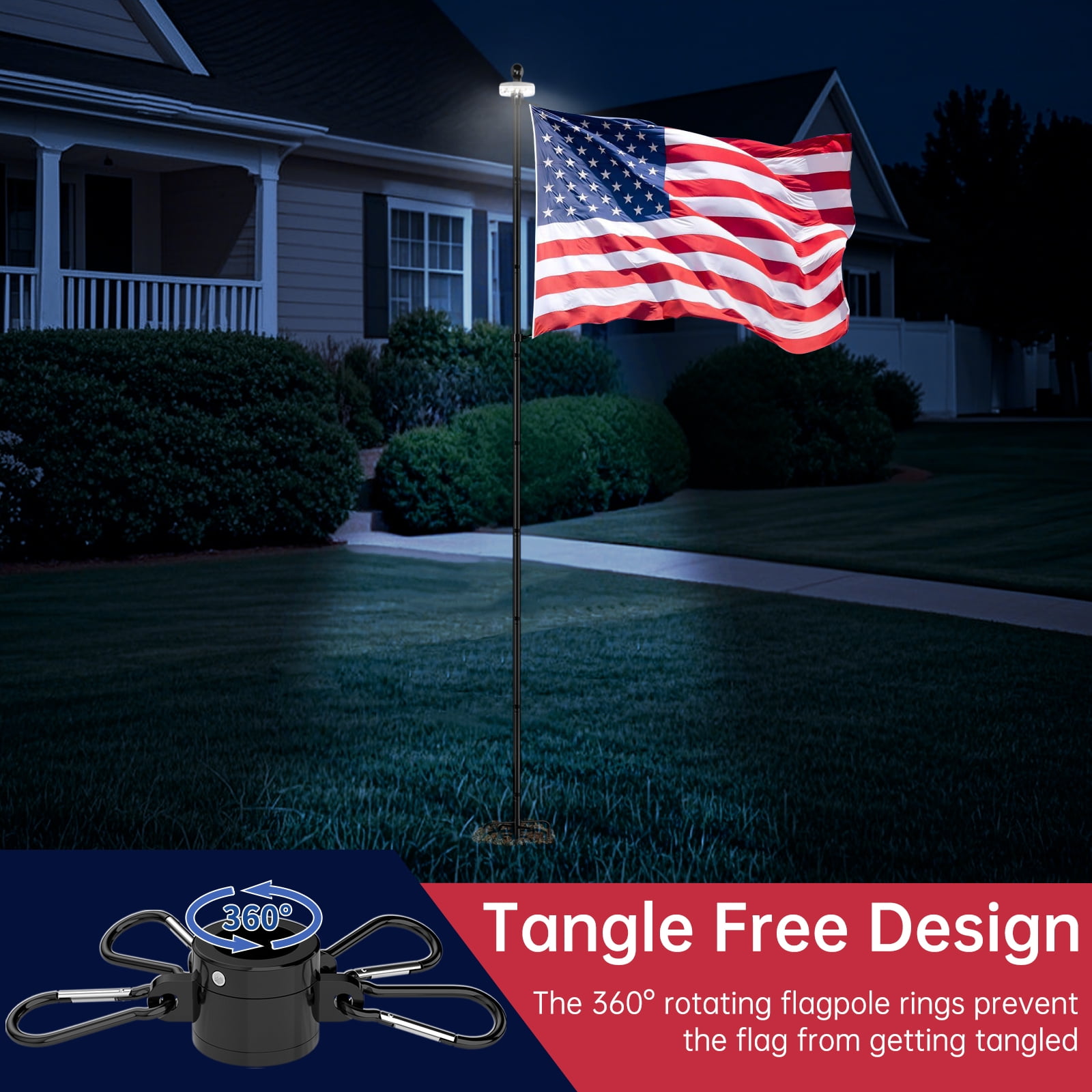 FIASON 9 FT Black Stainless Steel Tangle-Free Flag Pole Kit, Heavy Duty In-Ground Flagpole with Solar Light & 5-Prong Base for Yard, Garden & Commercial Outdoor Use, No Flag Included