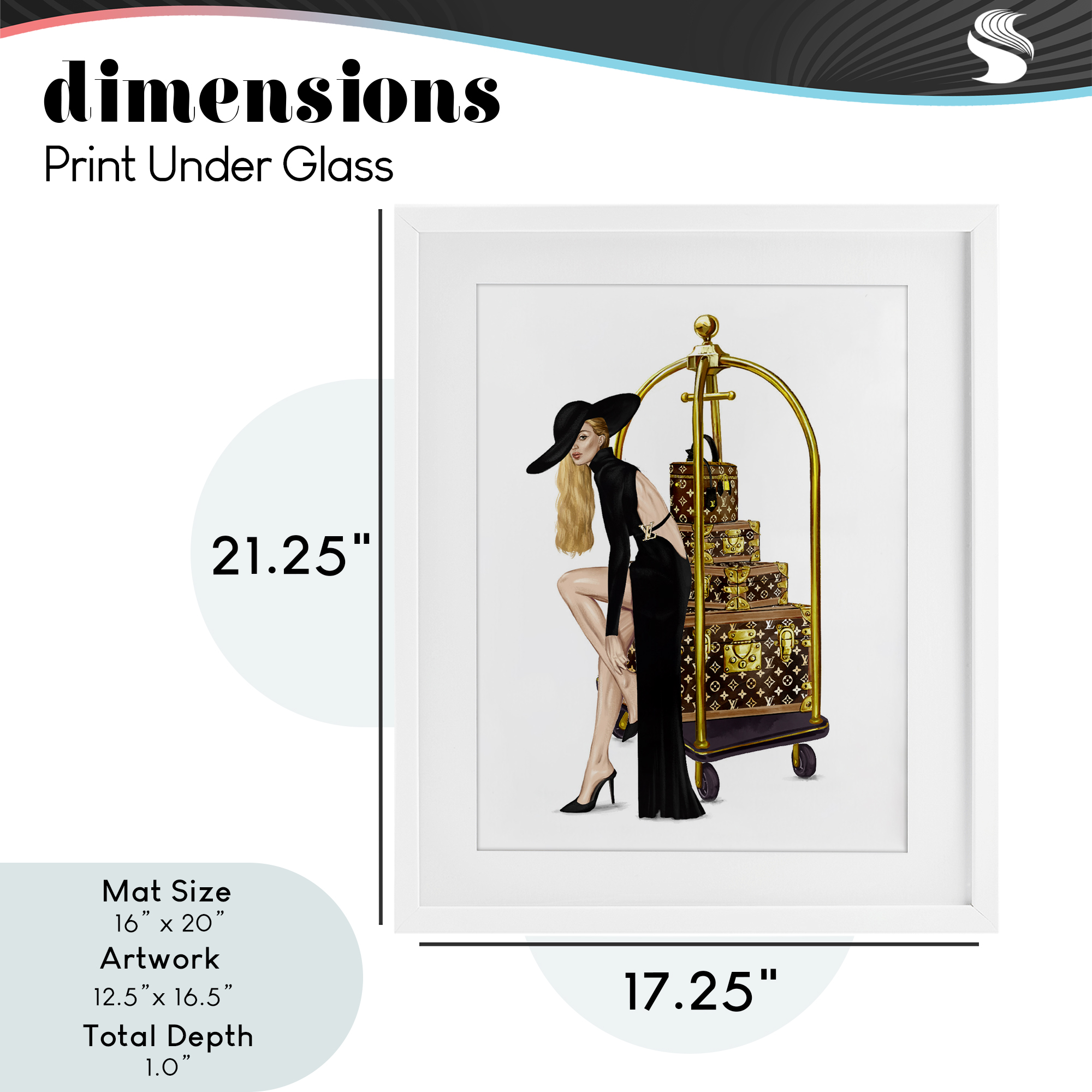 Fashionista with Hotel Luggage White Framed Print Under Glass, design by Ziwei Li