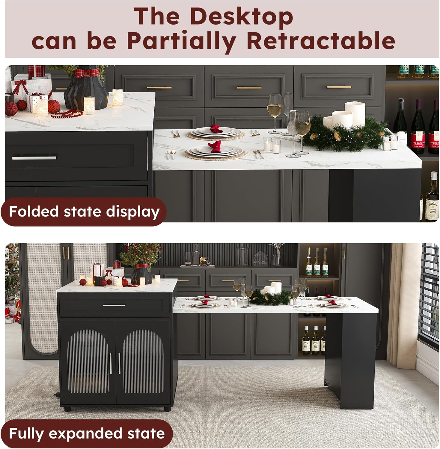 Montary 80" Expandable Kitchen Island with Extendable Table - Solid Wood Grain Countertop with Power Outlet & USB Ports, Mobile Cart with Double-Side Storage, Cabinet & Drawers (Black)