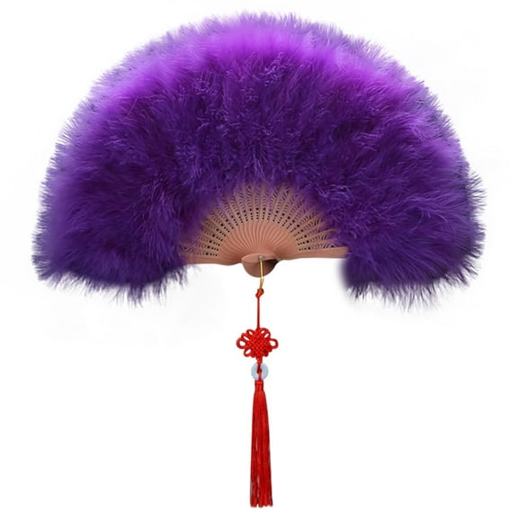Purple Vintage Feather Folding Hand Fan with Tassels – Elegant Dance Performance, Stage Prop, Costume Accessory, Party & Gift