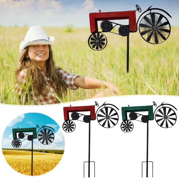 Estaca de patio de molino de viento del tractor del arte del hierro del jardín | Decoración exterior giratoria con temática de granja | Escultura de metal duradera y resistente a la intemperie