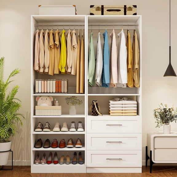 Closet System of 2 Sets, 4–10.5 Ft Closet Organizer System with 3 Drawers & 5 Shelves, Walk-In Closet with 4 Adjustable Hanging Rods, Wood Modular Closet Kits with Shoe Racks, White