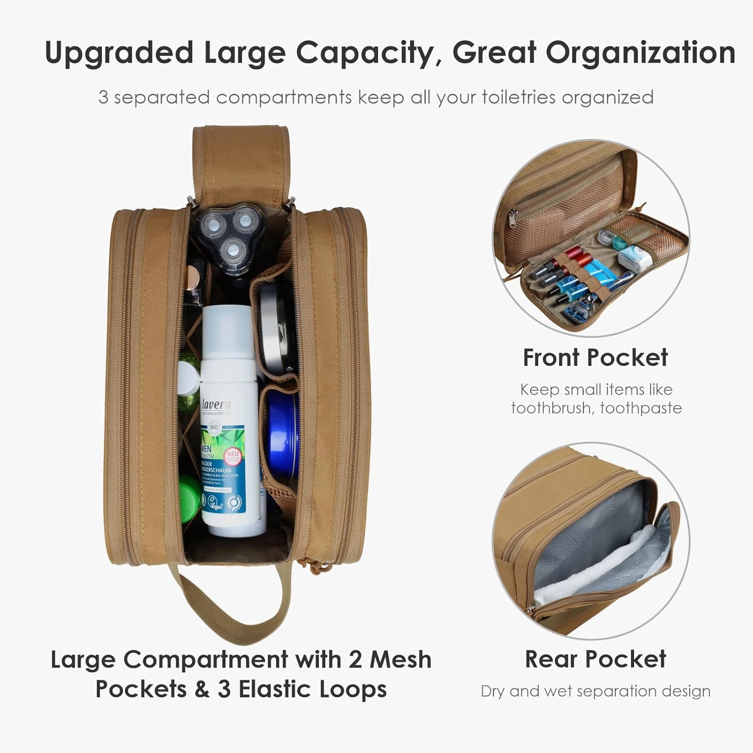 Toiletry Bag for Men - Extra Large Dry Wet Separate Travel Toiletry Bag, Tactical Molle Dopp Kit for Men, Water-Resistant Shaving Bag for Travel Camping Gym, Brown