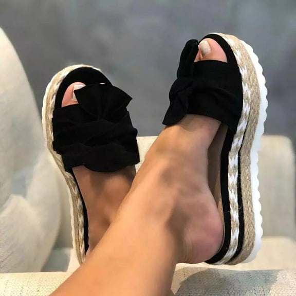 Women's Sandals,Womens Wedge Sandals,Comfortable Sandals for Women,Wide Sandals for Women,Womans Sandals,Women's Summer - Bow Flat Beach Open Toe Breathable Sandals Weave Shoes,Black,5.5