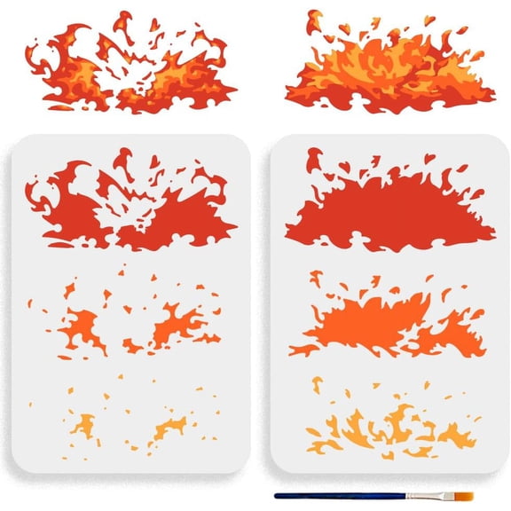 2 Pack Reusable Flame Stencils (11.7x8.3 inch) - Layered Fire Design Template for Painting on Wood Canvas Walls Furniture - Includes Paint Brush DIY