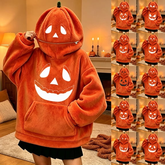 Junboys Halloween Pumpkin Head Plush Hoodie - Retro Long Sleeve Sweatshirt Costume Cosplay for Men and Women, Comfy Loungewear Funny Shirt & Halloween Gift,Black L