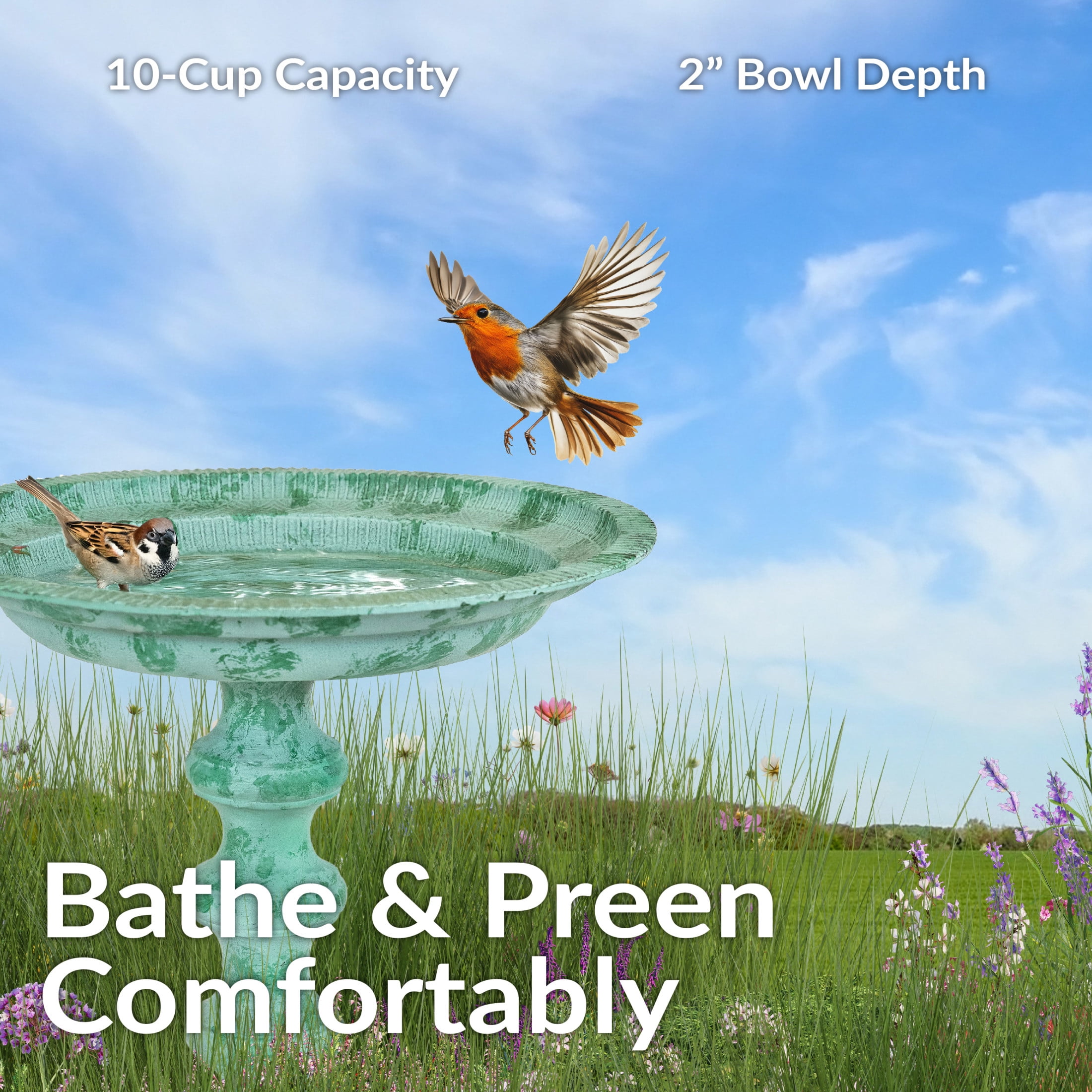 Sunnydaze Backyard Beauty Freestanding Cast Aluminum Outdoor Bird Bath, Green Patina