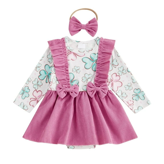 Odeerbi 0-18 Months Toddler Girls St. Patrick's Day Outfits Layette Set Summer Cotton Bodysuit Dress with Headband Set Casual Comfortable Jumpsuit Toddler Girls Clothes