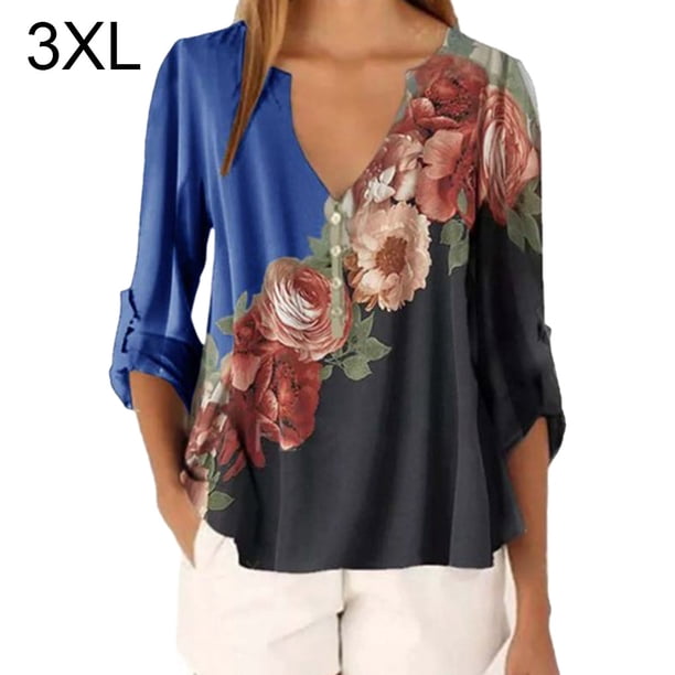 Blusa Camisa con cuello en V y estampado floral Blusa suelta de manga larga Top de mujer, Azul, 3XL Advancent AP002021-54