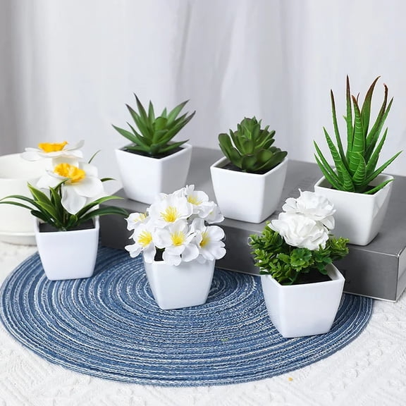 6 Pcs Small Artificial Potted Plants Set Faux Succulents and White Flowers in Pots Mini Fake Plants Decor for Office Desk Windowsill Shelf Tabletop Greenery