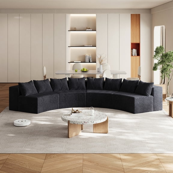 Corduroy Curved Sectional Sofa with 8 Pillows,Curved Symmetrical Modular Semi Circular Sofa Sectional for Bedroom, Living Room, Office for Leisure Or Nap, Reading Room, and Lobby(Four Modules)(Black)