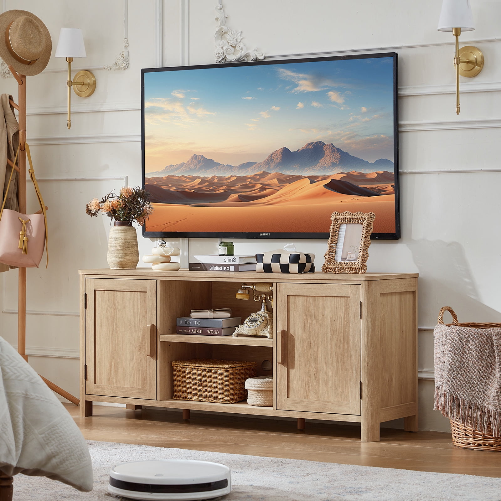 Joaxswe Farmhouse TV Stand for 65 inch TVs, Rustic Entertainment Center TV Cabinet Stands, Wooden Media Console Cabinet for Living Room, Bedroom