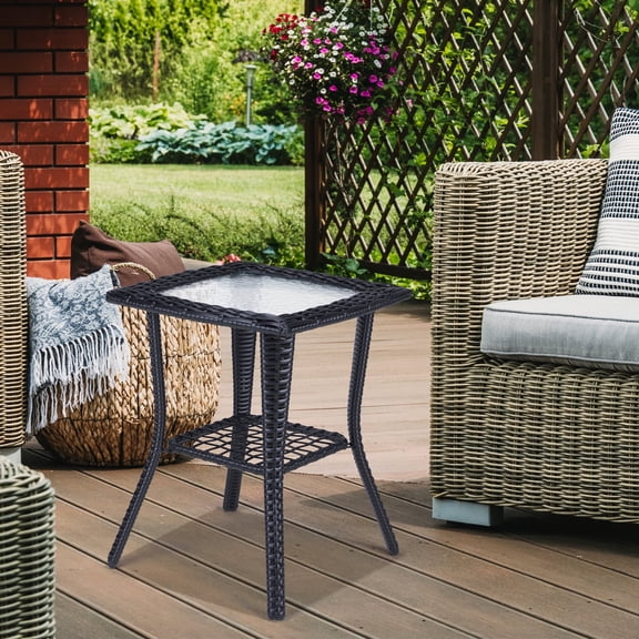 Wicker Side Table with Glass Table Top, Square PE Rattan Outdoor End Table for Patio, Garden, Poolside, Deck w/UV-Resistant Frame, Storage Space, Black
