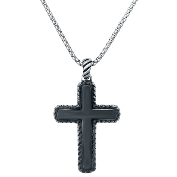 Stainless Steel Modern Black Cross Pendant - 24 Inch Round Box Chain, Christian Jewelry