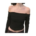 thumbnail image 2 of goowrom Women Off-the-shoulder T-shirt, Adults Ruched Solid Color Flare Sleeve Mesh Crop Tops, 2 of 5