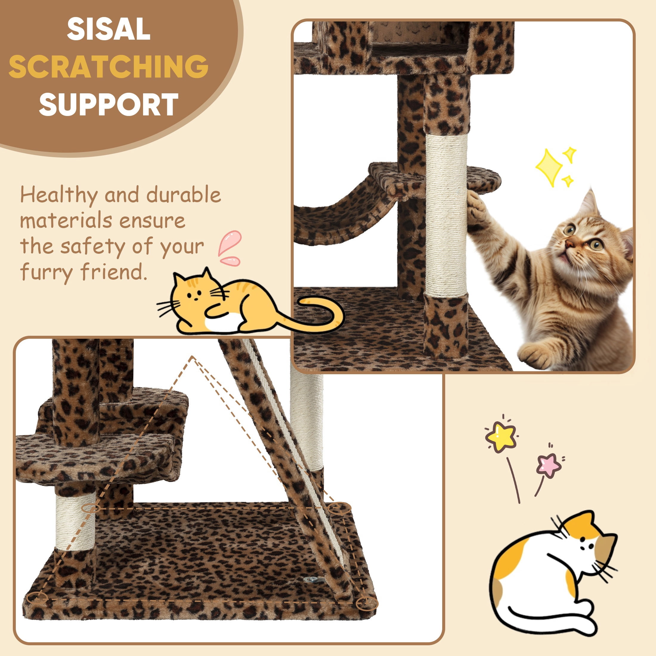 Einfach 65.7" Large Cat Tree and Tower for Cats, Condo House with Hammock, 2 Scratching Boards & 5 Scratching Posts, Leopard Print