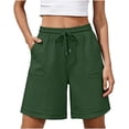 thumbnail image 2 of Shorts for Women Cotton Linen Bermuda Shorts with Pockets Elastic Waist Knee Length Casual Athletic Walking Shorts Army Green S(S), 2 of 5