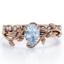 JeenMata Inspired by Nature - 1.75 Carat Pear Shape Vivid Blue Created Aquamarine and Moissanite - Filigree Milgrain Wedding Ring Set - 18K Rose Gold Plating over Silver