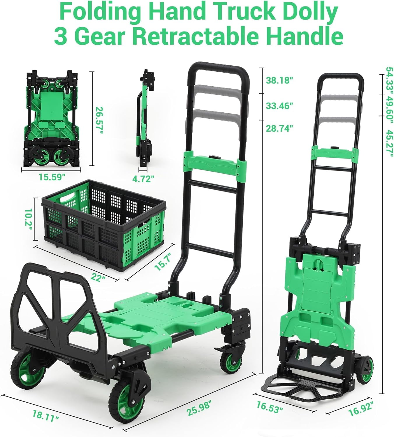 2-in-1 Folding Hand Truck Dolly with Collapsible Basket - 330Lb Capacity, 4-Wheel Design & Retractable Handle, Portable Cart for Moving, Shopping (Green)