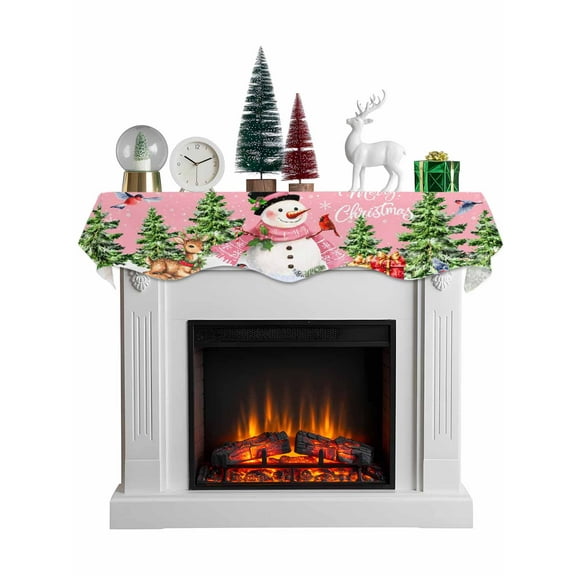 Christmas Snowman Mantel Scarf Fireplace Decorations for Living Room, Pink Xmas Tree Elk Gifts Snowflake Fireplace Mantel Scarf Cover Runner for Halloween/Thanksgiving/Christmas Decor 90"x17"