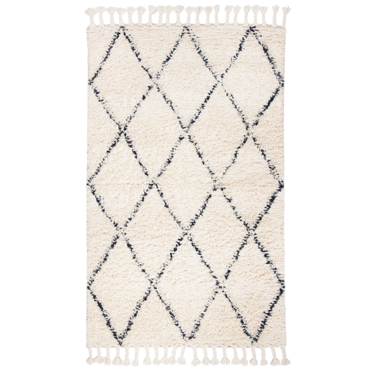 SAFAVIEH Casablanca Mackenzie Geometric Wool Shag Area Rug, Navy/Ivory, 5' x 8'