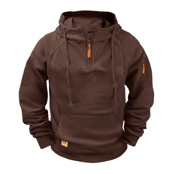 GUZOM Big & Tall Men's 3XL Brown Polyester Hoodie,Warm Half-Zip with Kangaroo Pocket,Sleeve Zipper Pocket & Adjustable Hood for Daily/Outdoor Wear