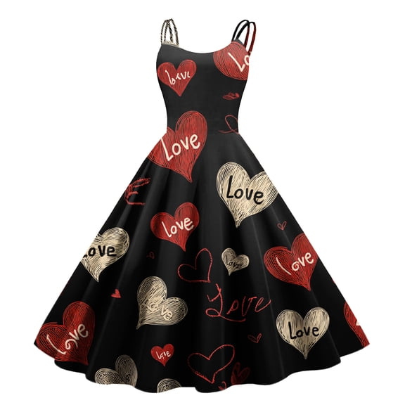 Valentines Day Sleeveless A-line Dress with Heart Print Adjustable Straps Lightweight Evening Prom Party Dress Vermilion L