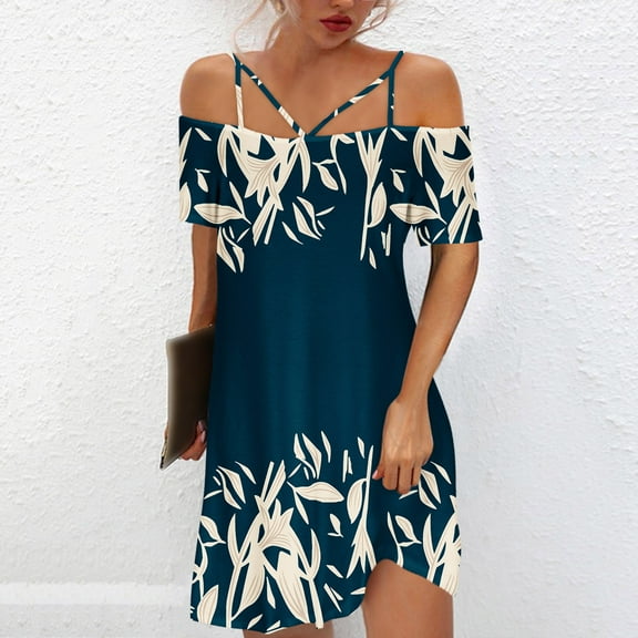 TIANEK Sundresses for Women Plus Size Short Sleeve Off-the-Shoulder Floral Mini Sun Dress Backless Short Boho Dresses