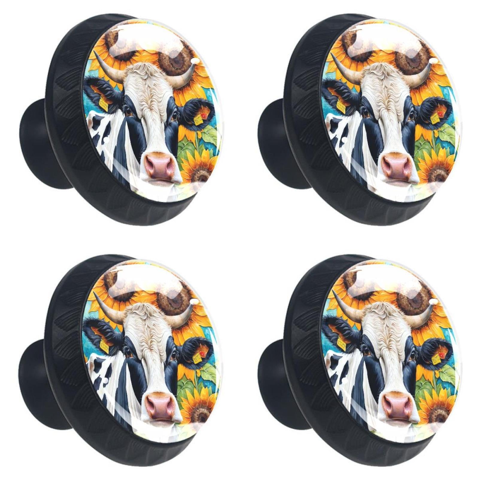 4 Pcs Cow and Sunflower Knobs for Kitchen Cabinet Cupboard Dresser Bookcase Drawer Pulls Handles Round Home Decor