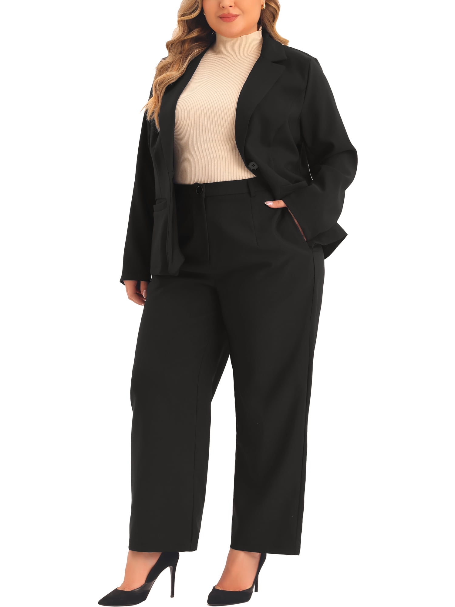 DARING DIVA Women's Plus 2 Pieces Business Office Blazer and Pants Suit Set 2X Black