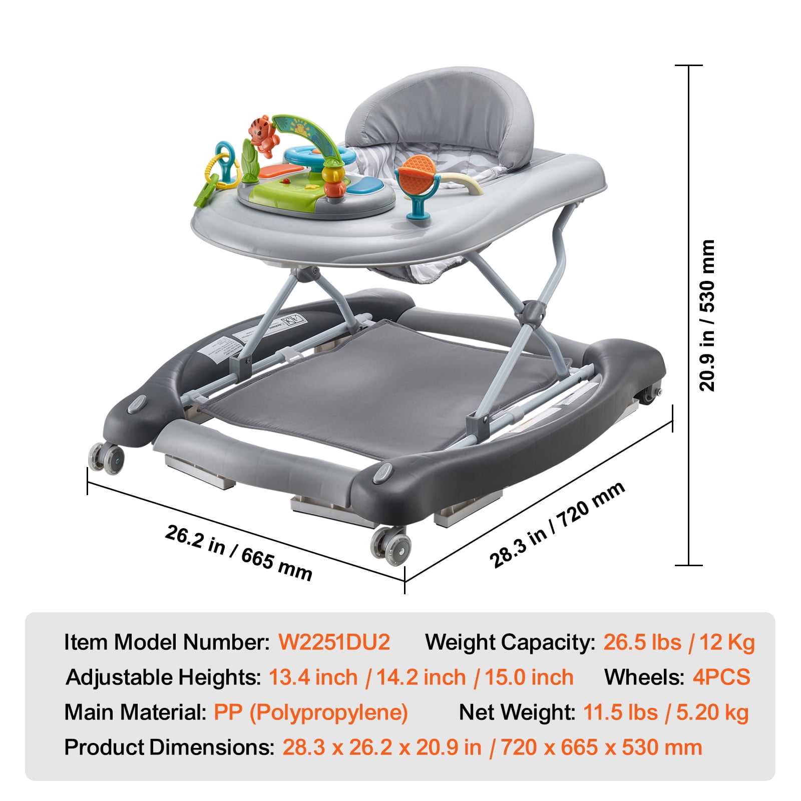 KFFKFF Baby Walker 4 in 1, Foldable Height Adjustable Baby Walker with Wheels, Infant Toddler Walker with Foot Pads, Anti-Fall Baby Walker With Music & Toys Tray for Boys and Girls 6-24 Months