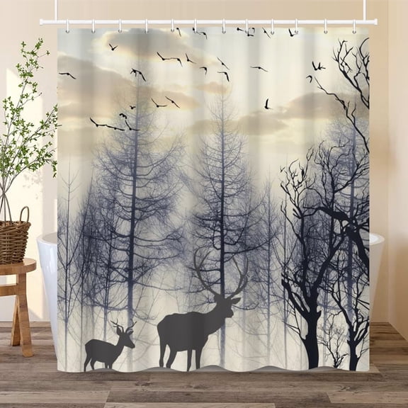 Misty Forest with Deer Shower Curtain Nature Mountain Bathroom Curtain Decor with Hooks 72x72 in
