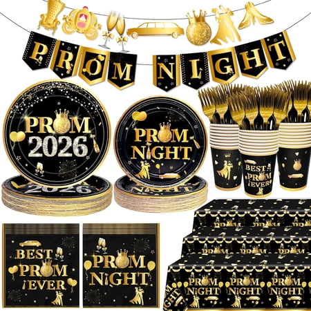 179Pcs Prom Decorations 2026 Prom Plates and Napkins 2026 Prom Send Off Decorations 2026 Black and Gold Prom Party Decorations with Prom Night Banner for Home