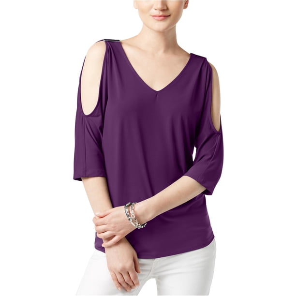 INC Blusa de punto con hombros descubiertos para mujer, Púrpura, XS