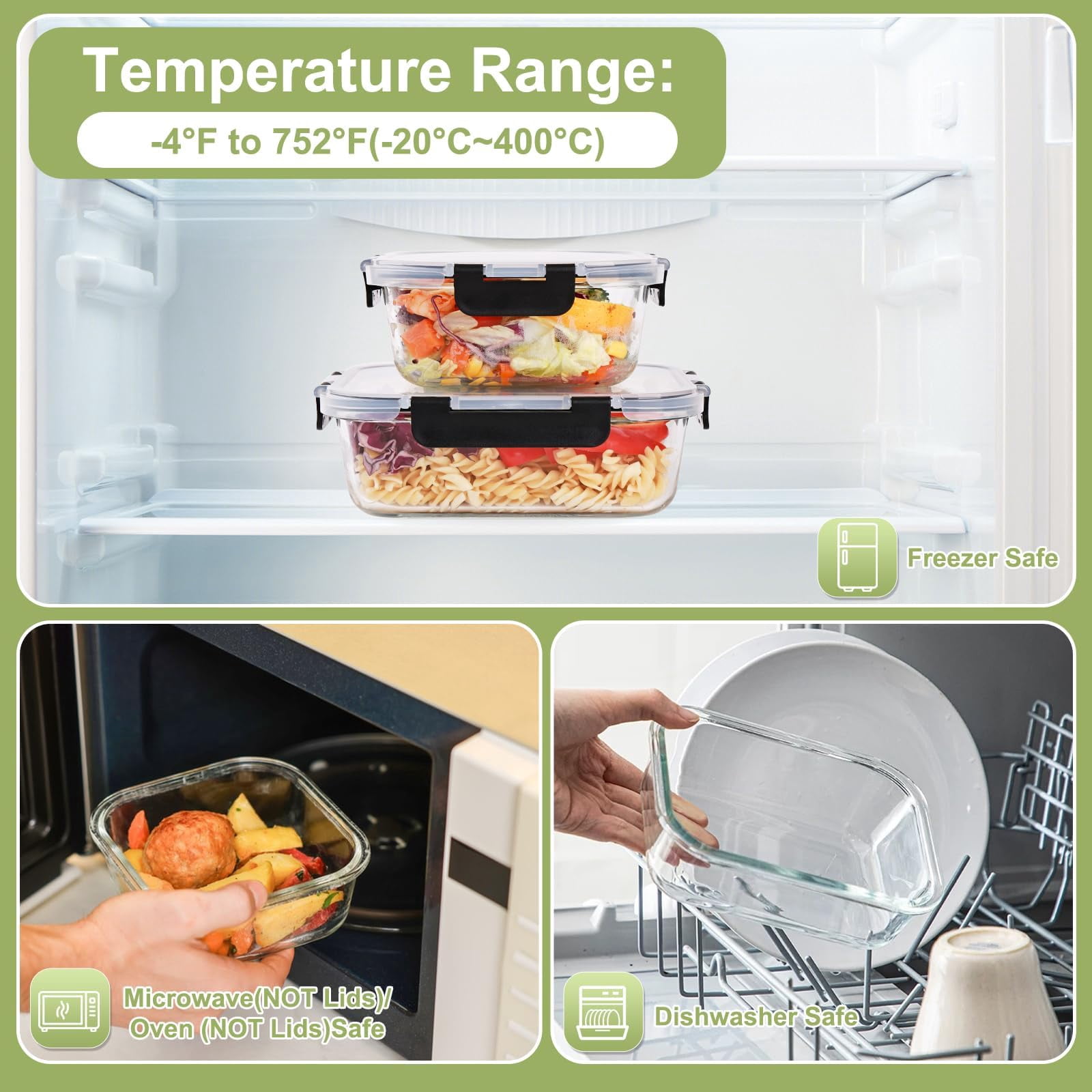 Glass Food Storage Containers with Lids – Airtight Meal Prep Containers, Leak-Proof Locking Bento Boxes for Microwave, Oven, Freezer, Dishwasher, BPA Free