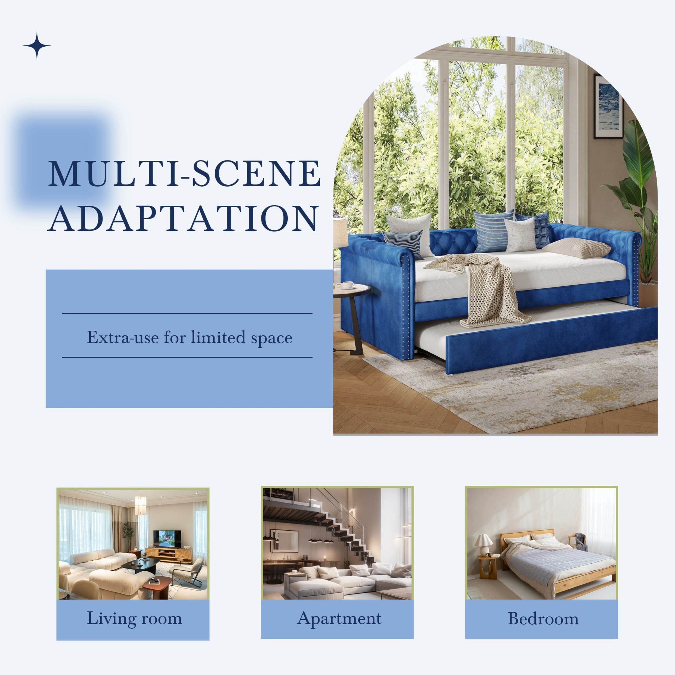 Christopher Knight Home Velvet Upholstered Daybed with Trundle, Modern Tufted Button Design, Blue