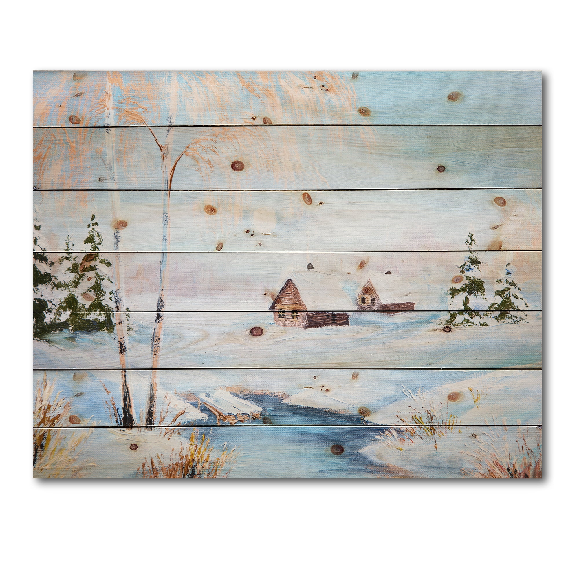 Designart 'Frozen River In The Forest Winter Landscape' Lake House Print on Natural Pine Wood