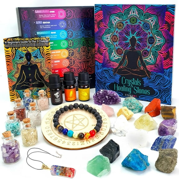 Crystals and Healing Stones Set 31Pcs - Healing Crystals & Stones - 14 Real Raw Chakra Rocks, 7 Gemstones Bottles, 3 Essential Oils,Pendant Necklace, Pendulum Board, Amethyst Cluster, Bracelet & Guid