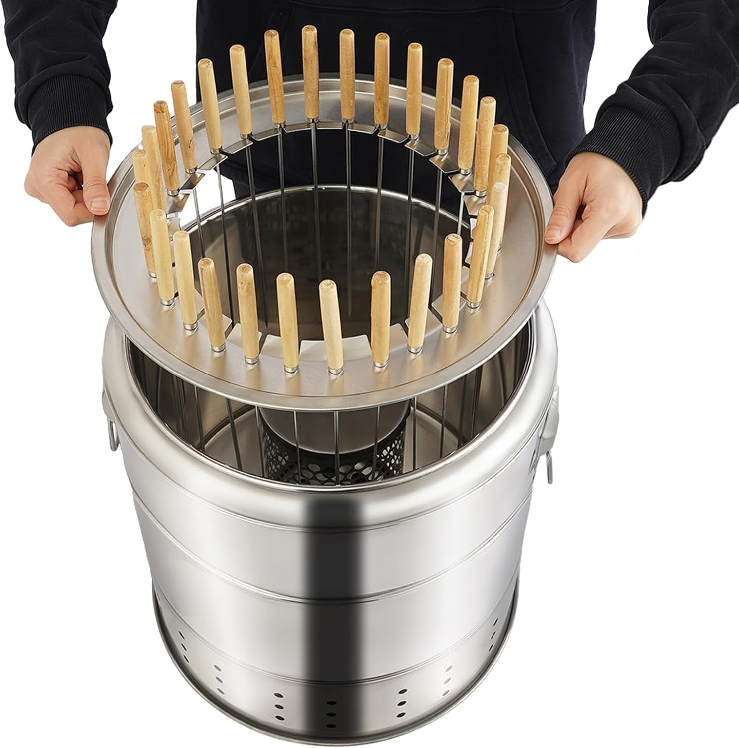 Portable Smokeless Barbecue Charcoal Barrel Grill,BBQ Charcoal Grill with 28 Skewers,Stainless Steel Surround kebab Grill