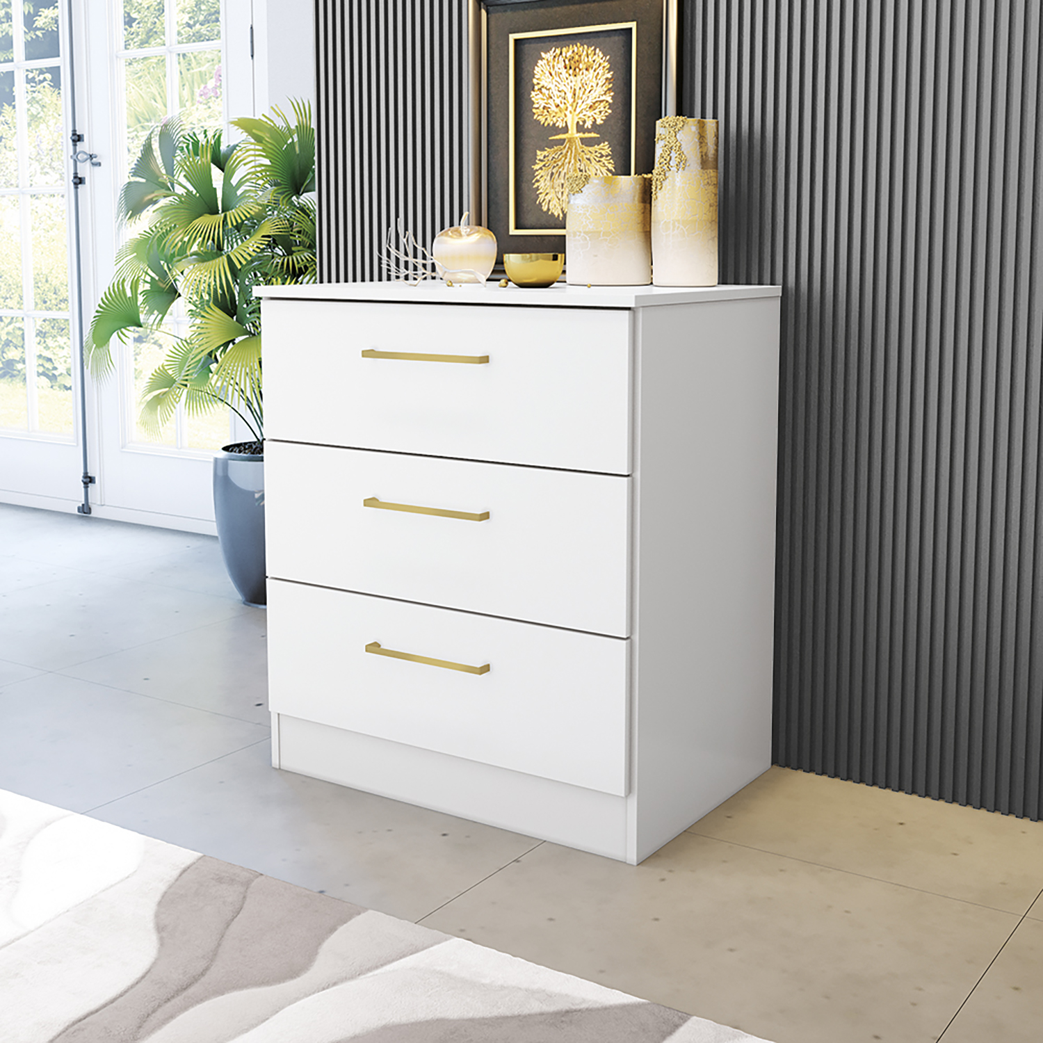 Kappesberg Jolyne 3-Drawer Vertical Dresser with Gold Hanldes White – Modern Bedroom Storage for Adults and Teens