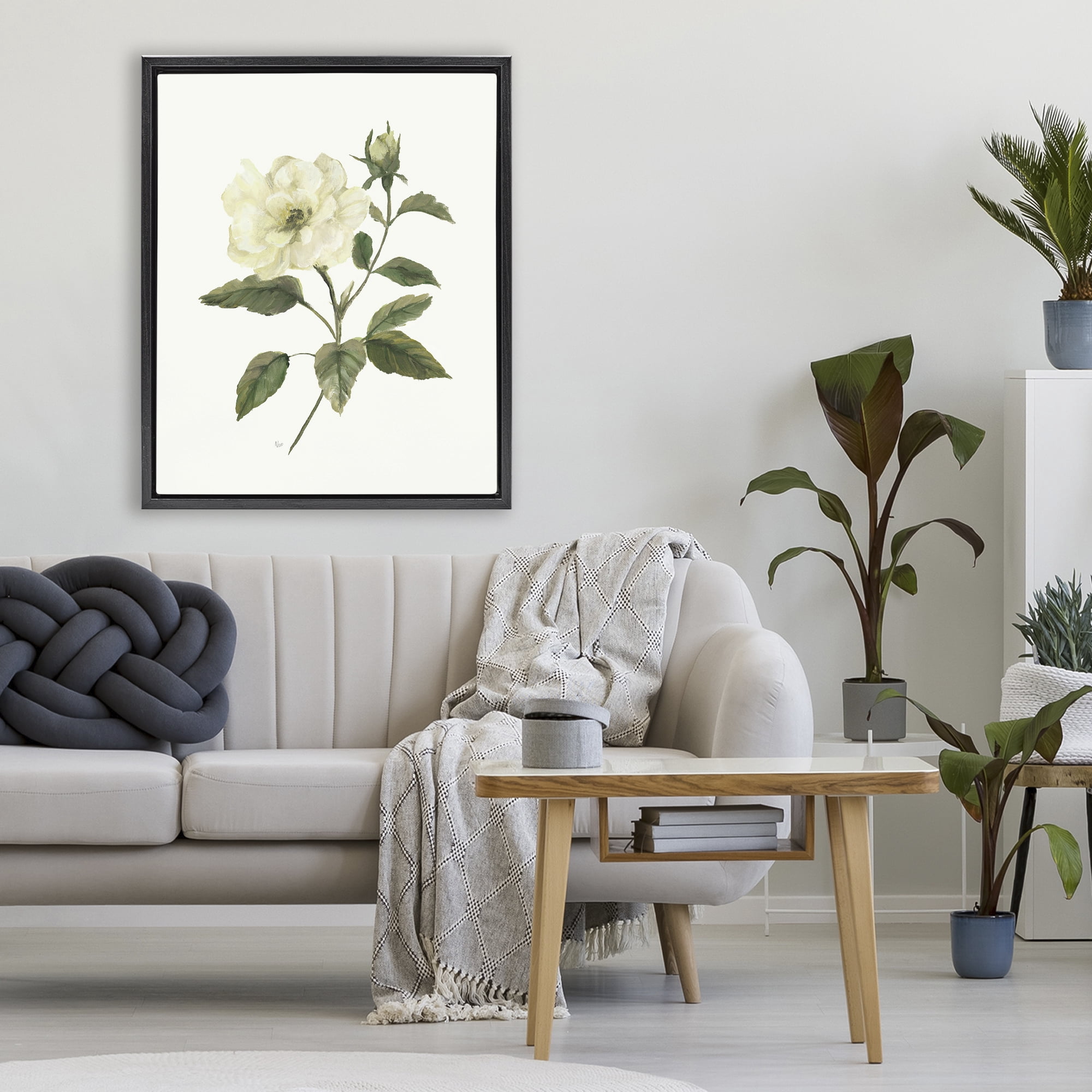 Stupell Industries Ivory Rose Bloom With Green Foliage Black Framed Floater Canvas Wall Art, design by Nan