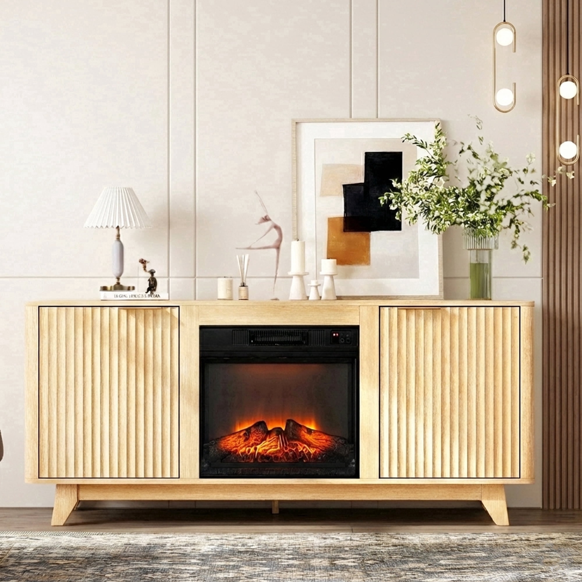Paproos Fireplace TV Stand for TVs up to 70", 58" Modern Fluted TV Console with 19" Electric Fireplace, Entertainment Center with Doors, Media Console Table for Living Room, Oak